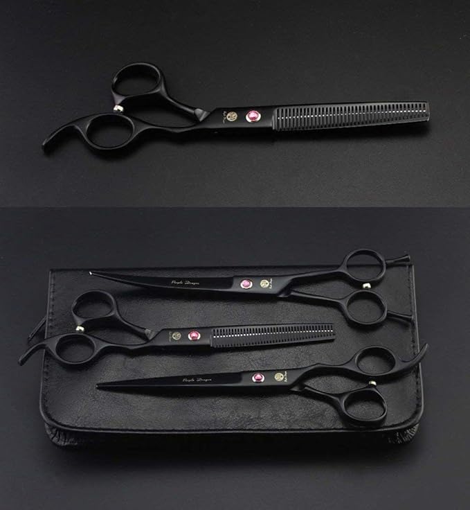 Purple Dragon 7" Dog Grooming Scissors Set with Rhinestone Accent - Black