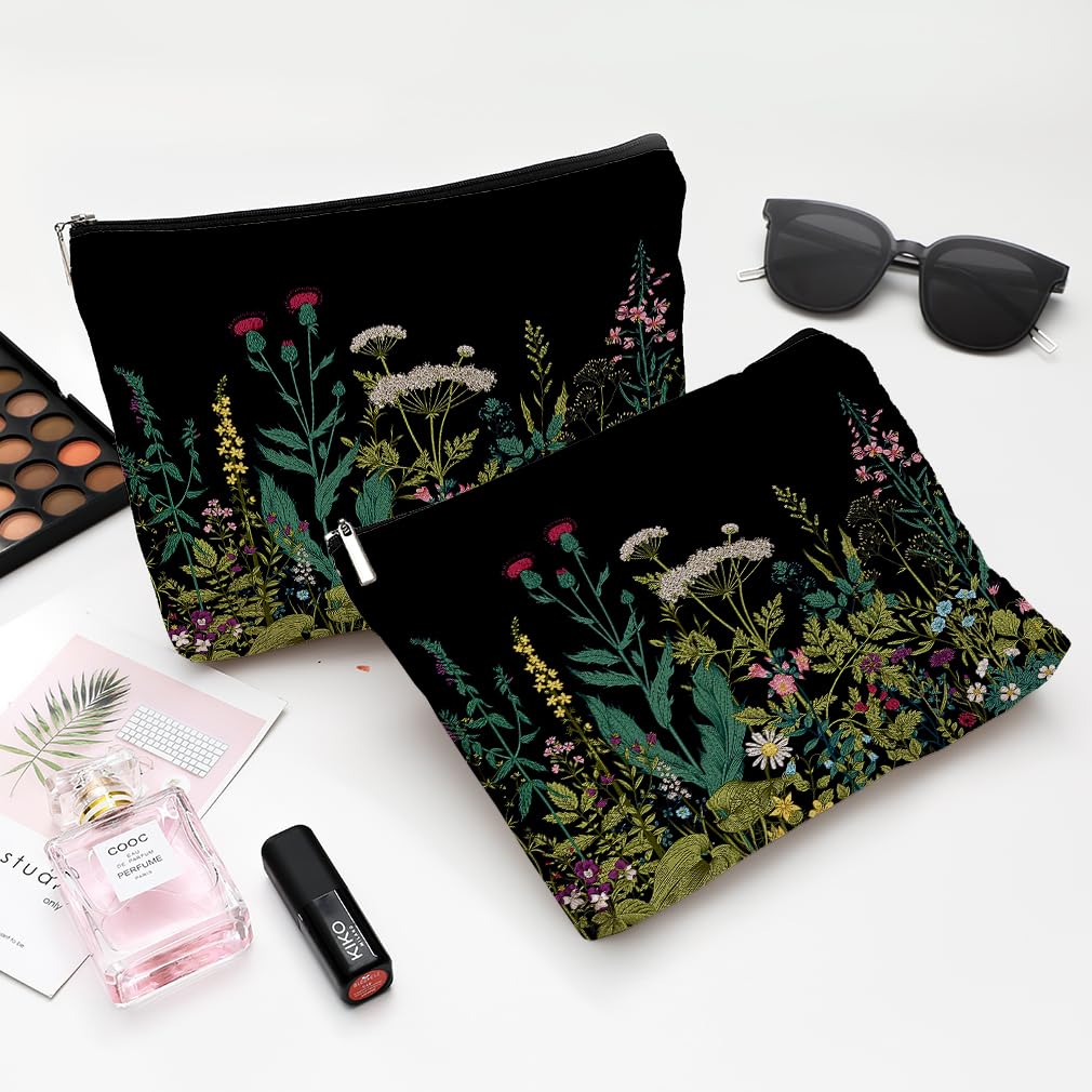 Givotin Small Makeup Bag for Purse Cute Canvas Waterproof Cosmetic Bags for Women Zipper Travel Toiletry Pouch-Wildflowers Makeup Bags