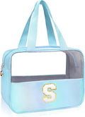 Junesters Personalized Initial S Clear Blue Makeup Bag - Large Travel Toiletry Bag, Cute Cosmetic Organizer Set for Girlfriend, Teacher, Teen Girl Gifts