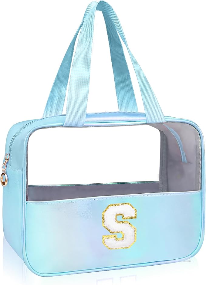 Junesters Personalized Initial S Clear Blue Makeup Bag - Large Travel Toiletry Bag, Cute Cosmetic Organizer Set for Girlfriend, Teacher, Teen Girl Gifts
