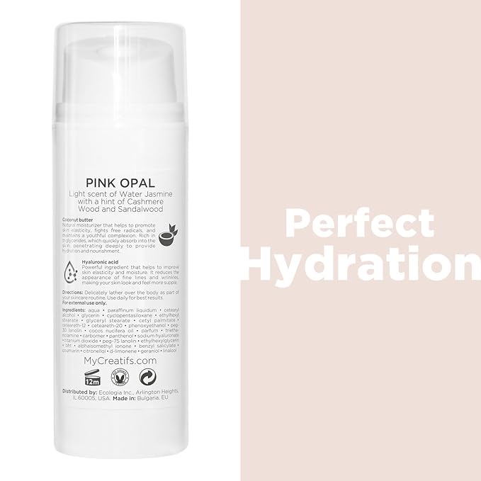 Cosmétiques Créatifs Pink Opal Moisturizing Body Lotion with Coconut Butter and Hyaluronic Acid, 3.4 fl. oz.