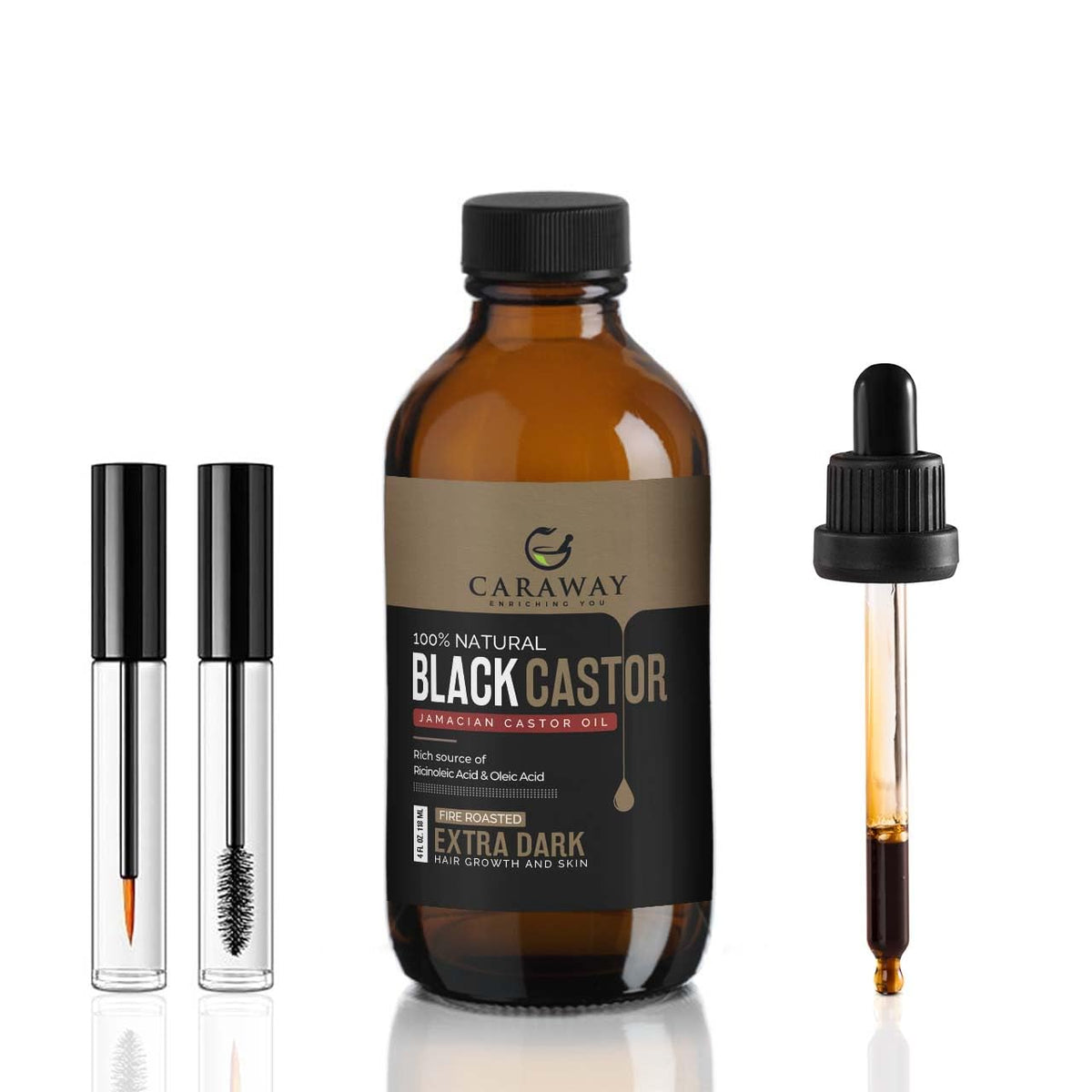 CARAWAY Jamaican Black Castor Oil for Hair Growth, Eyelashes & Eyebrows | Organic, Cold-Pressed & Unrefined | Deep Moisturizing Oil for Skin, Face & Scalp | Glass Bottle + Mascara Kit – 4 oz / 118 ml