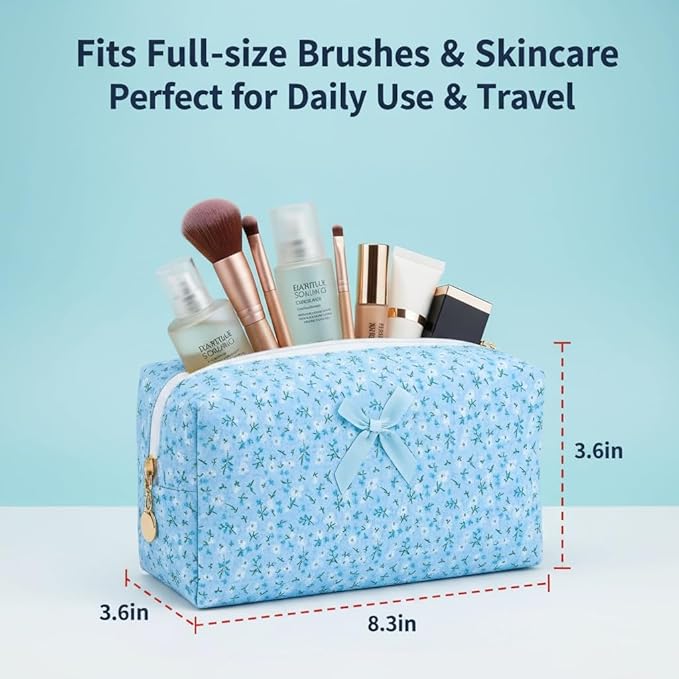 OIMEI Floral Quilted Pouch Cotton Makeup Bag for Women, Large Capacity Travel Cosmetic Pouch with Zipper, Cute Toiletry & Brush Organizer, Kawaii Makeup Storage Case – Blue Floral