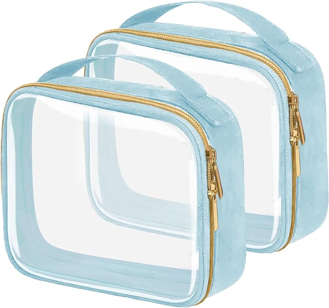 FAYORORY Travel Toiletry Bag,2 Pack Clear Makeup Bags with Handles,180°Opening Clear Cosmetic Bags for Traveling Women,Men,Travel Essentials,Blue