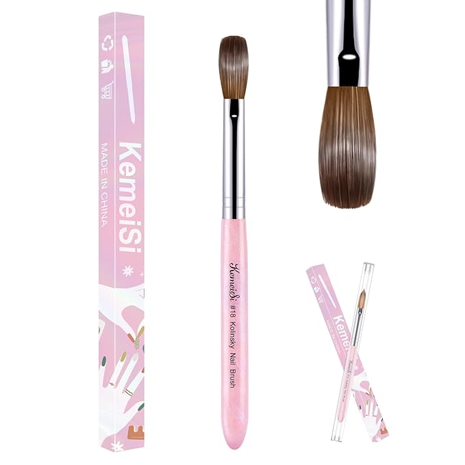 KEMEISI Acrylic Nail Brush Size #18, 100% Pure Kolinsky Nail Art Brushes for Acrylic Application, Sturdy Starry Handle Oval Shaped Nail Design Tools for Professional Manicure DIY, Pink