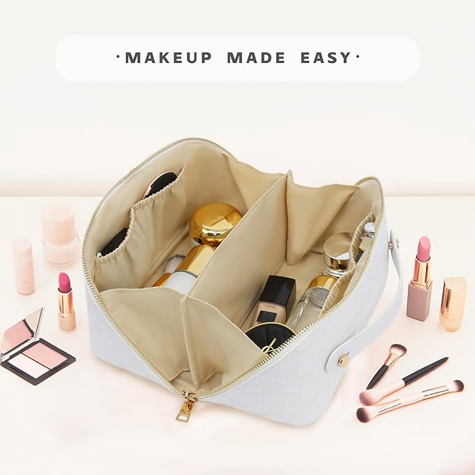 JINYIBAGS Travel Makeup Bag – Large Cosmetic Organizer with Waterproof PU Leather, Smooth Double Zipper & Tear-Resistant Lining, Toiletry Pouch for Women (White)