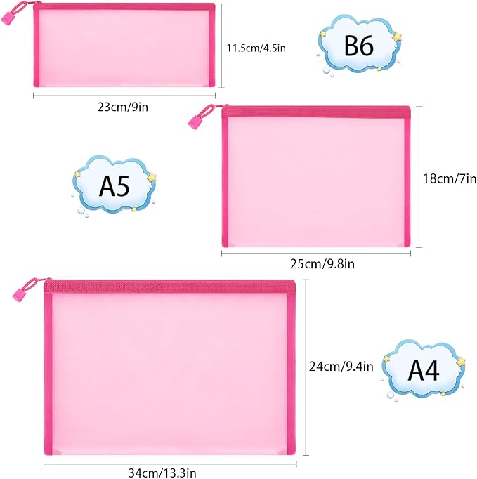 Sinzip 12 Pieces Zipper Nylon Mesh Pouch, Mesh Cosmetic Bags Makeup Bags Pencil Case, Multipurpose Travel Bags for Cosmetic School Office Supplies and Travel Accessories (Hot Pink, Assorted Sizes)