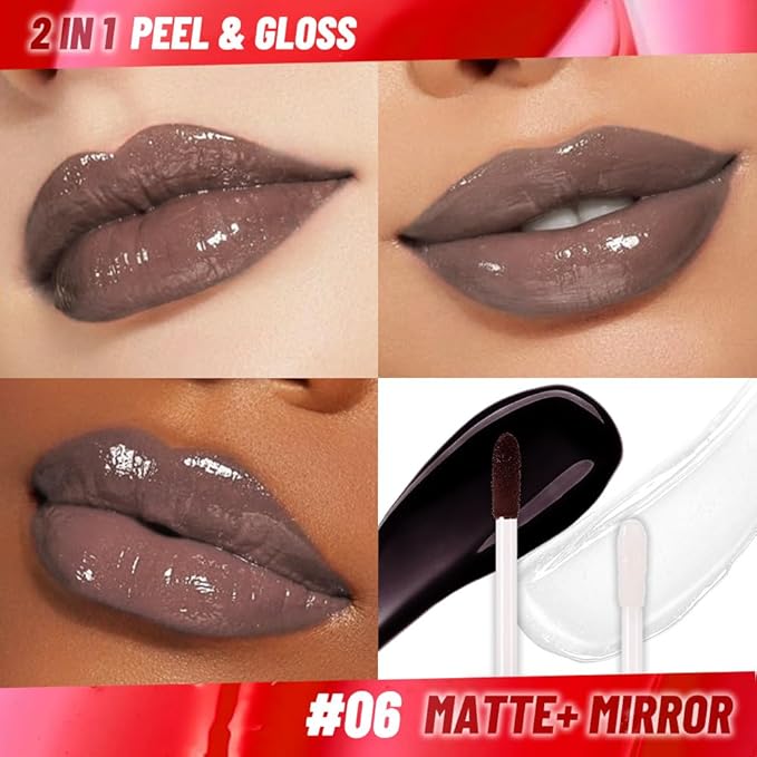 IATMOMOD Brown Lip Stain Peel off Lip Oil Dual Ended Combo Set, 2 in 1 Lips Liner Stain Oil Peel off Long Lasting Waterproof, High Pigmented Flawless Lips Tint Stick Not Faded Vegan & Cruelty-free 06#