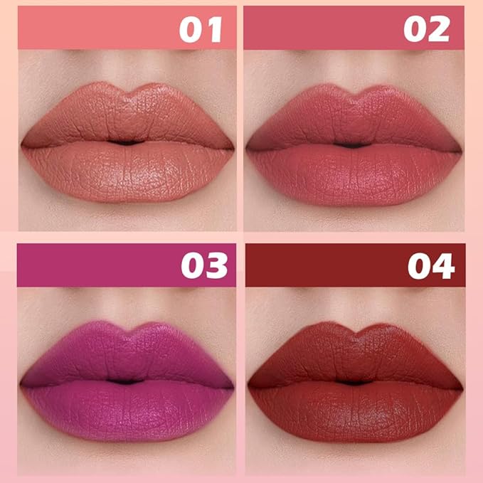 IATMOMOD 4Pcs Matte Lipstick Set for Women, Warm Pink Coral Red Purple Dark Red Vegan Lip Bar, Long Lasting Waterproof Transfer-Proof 24H Moisturizing All-Day Lip Color SetA01#