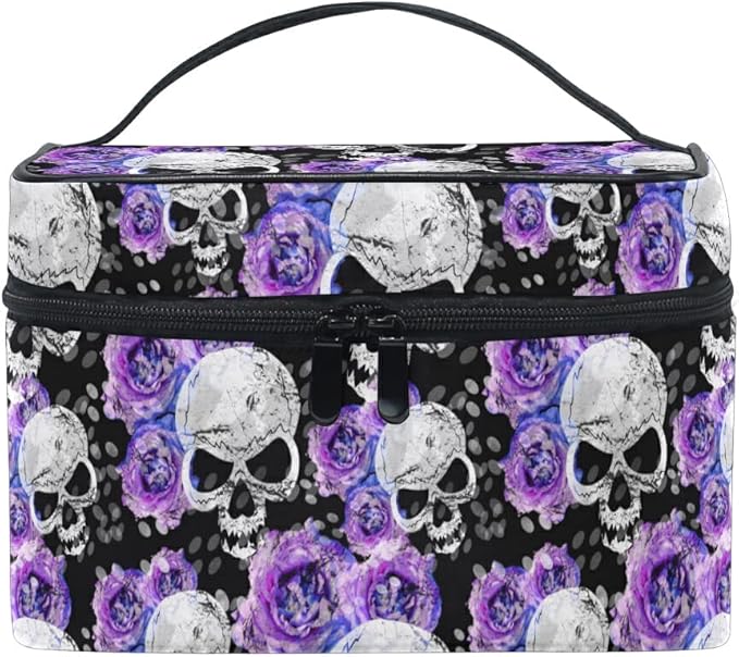 MNSRUU Skull Makeup Bag Purple, Flowers and Skull Gothic Makeup Organizer Bags Toiletry Bag Box Travel Cosmetic Bag Make Up Train Case for Women Teen Girl Ladies