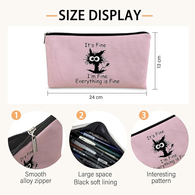 BARPERY Black Cat Makeup Bag - Funny 'I'm Fine' Cosmetic Bag, Pink Zipper Travel Toiletry Bag for Cat Lovers, Teen Girls & Cat Owners Gifts