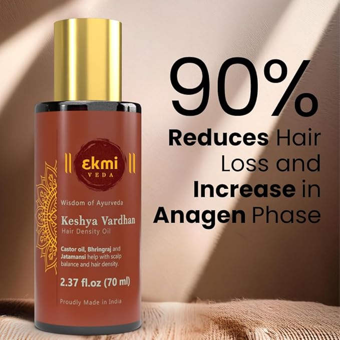 EKMIVEDA Ayurvedic Castor & Rosemary Oil For Hair Density With Bhringraj, Coconut, Amla, Argan, Brahmi. DHT Blocker. Hair Loss Treatment For Women & Men, 2.37 Fl Oz