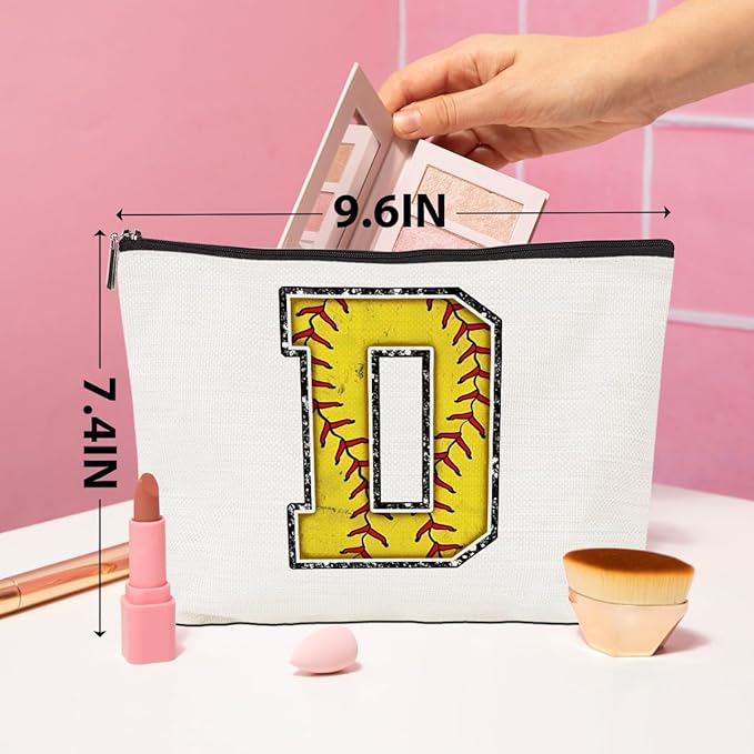 Softball Gifts Initial D Makeup Bag Softball Gifts for Team Cosmetic Bag