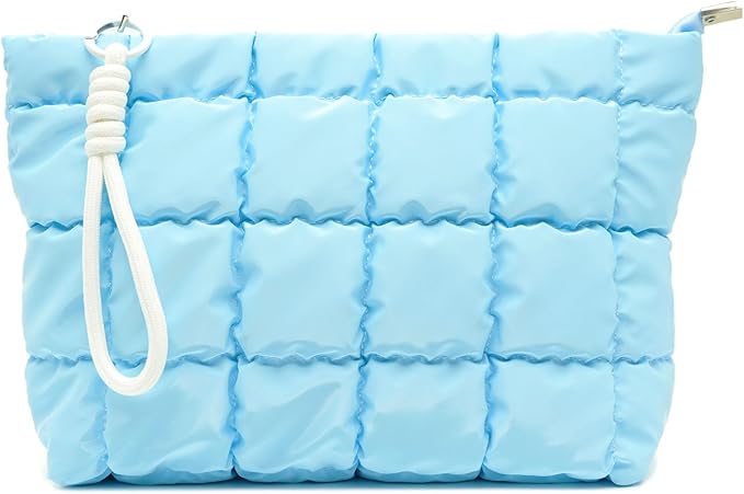 Beayuva Puffer Quilted Makeup Bag Travel Cosmetic Bag Portable Puffy Checkered Toiletry Pouch Skincare Organizer Purse Pencil Case (Light Blue)