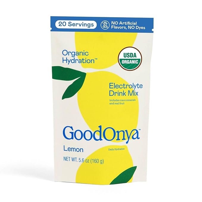 GoodOnya Organic Hydration Electrolyte Drink Mix, Certified Organic Hydration Powder, Non-GMO, Biochecked Glyphosate Free, Low Sugar, Lemonade Flavor, No Artificial Flavors, 20 Servings
