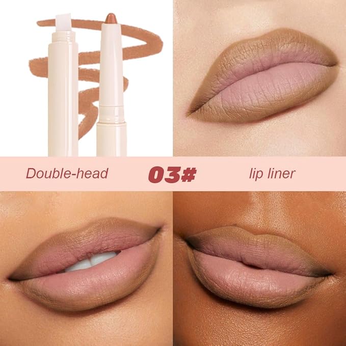 QIDSTERS Plump Matte Crayon Lip Liner Pencil, Nude Lipstick Lip Liners for Women, 24 Hour Long-Lasting Lip Gloss Makeup, With Silicone Smudger for Define Contours & Sculpting Lip, 03