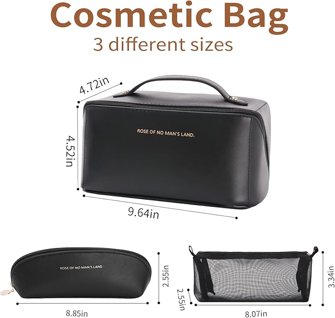 zaleeta 3 Pcs Travel Makeup Bag Portable Large Capacity Cosmetic Bags for Women Open Flat Makeup Case Organizer Bag Set of 3 Waterproof PU Leather Toiletry Bags with Divider and Handle (Black, Medium)