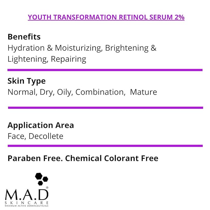 M.A.D Skincare YOUTH TRANSFORMATION RETINOL SERUM 2% - Professional Anti-Aging Solution for Wrinkles & Acne-Prone Skin | Clears Blemishes & Large Pores | Hyaluronic Acid & Amino Acids | 1oz