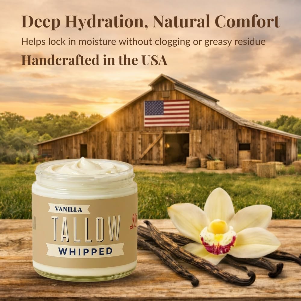 Lady May Tallow Whipped Tallow 9oz - All Natural Face Cream + Whole Body Moisturizer for Dry Skin - Made With Scented Oil Blend - No Preservatives, Parabens or Seed Oils - USA Made (Vanilla)