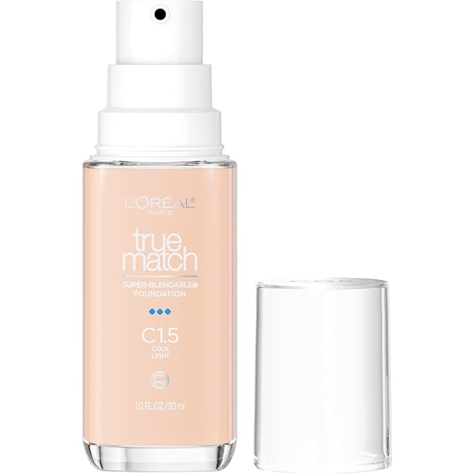 L'Oreal Paris True Match Super-Blendable Foundation, Medium Coverage Liquid Foundation Makeup with SPF 17, C1.5, Light, 1 Fl Oz