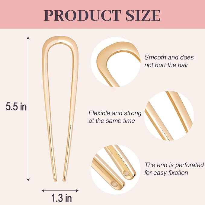 JIRIS 2PCS 5.5Inch French Hair Pins Large U-Shaped Pins for Women and Girls Fashion Metal Hair Pin French Twist Hair Pins for Buns, Updos,Stylish and Functional(set3-gold)