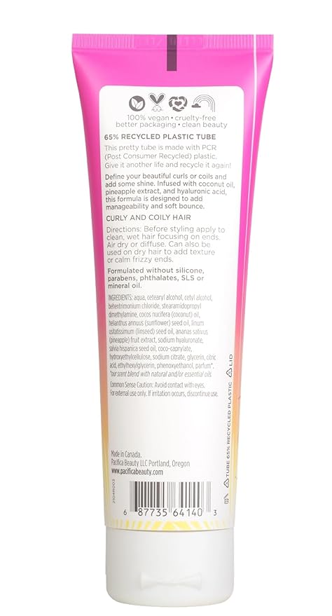 Pacifica Pineapple Swirl Curl Defining Cream – Bounce, Frizz Control & Curl Enhancer Styling Cream for Curly Hair & Wavy Hair – Coconut Oil & Hyaluronic Acid For No-Crunch Hold – Cruelty-Free – 4-oz