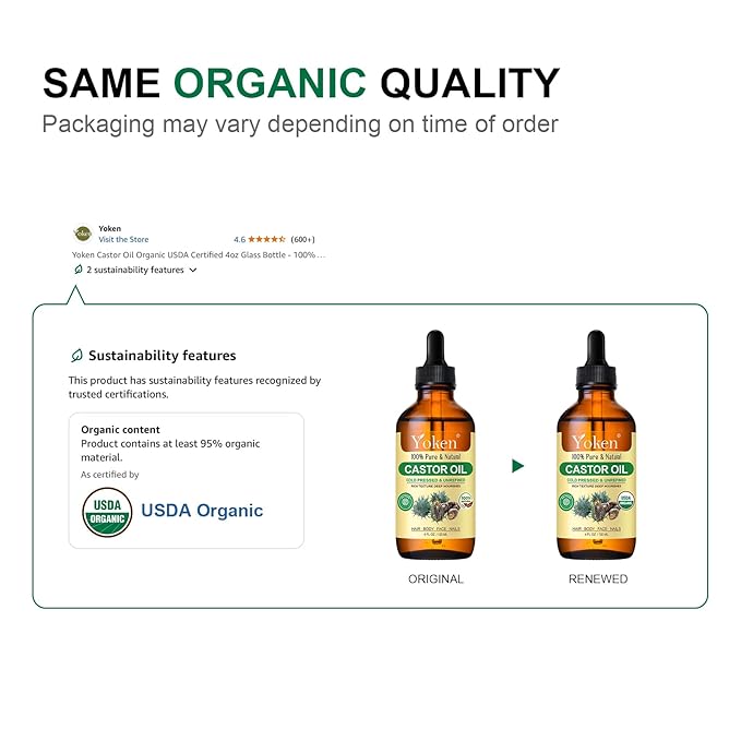 Yoken USDA EWG Castor Oil 4oz, Cold Pressed Hexane Free with Roller Bottle