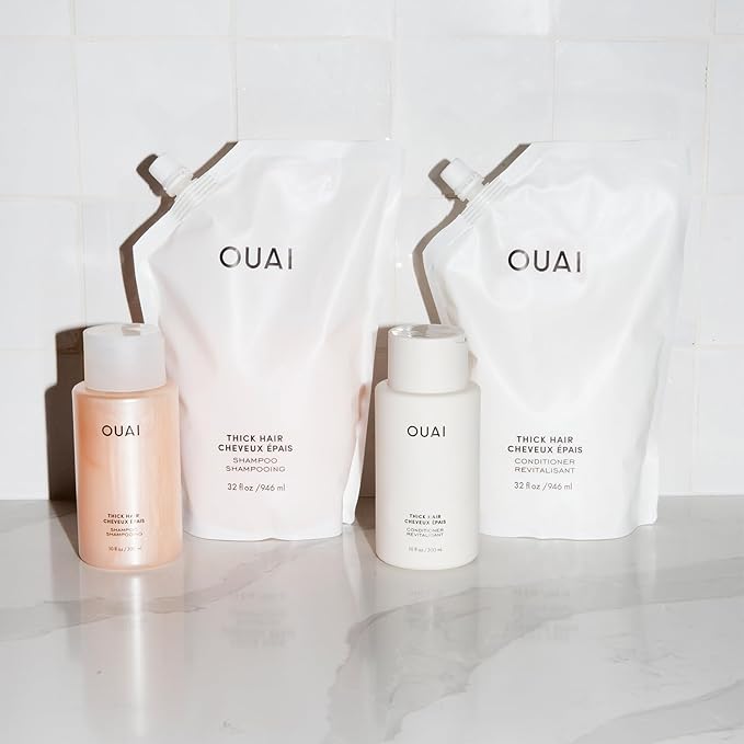 OUAI Thick Hair Shampoo - Hydrating Shea Butter Shampoo for Full, Frizzy Hair - Deeply Moisturizing, Detangling, Split Ends - Marshmallow Root, Avocado Oil & Keratin - Sulfate Free, Refill 32 Oz