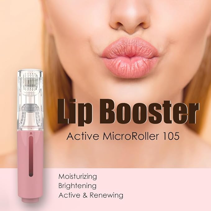 Derma Roller with Liquid Reservoir, Quick Serum Applicator for Lips, Skin, Hair, Wrinkles, Easy to Use Micro Needle Roller Without Serum, 105 Titanium Needles 0.25 mm (PINK)
