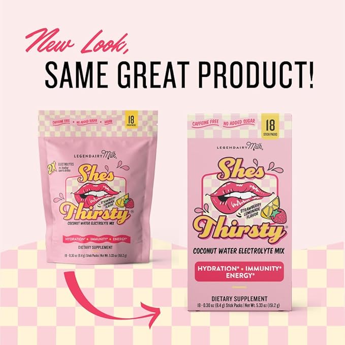 Legendairy Milk She’s Thirsty – Strawberry Lemonade, No Sugar Added Electrolytes Powder Packets–Coconut Water Mix for Women, Instant Hydration Packets, Immune Support, Pregnancy Safe, 18 Ct