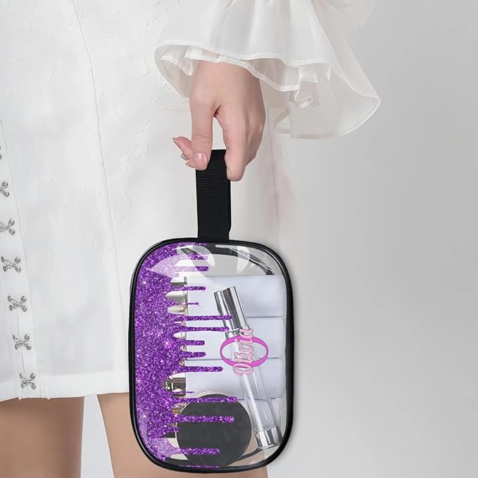 KFNHN Personalized Transparent Makeup Bag with Name, Travel Clear Cosmetic Bag for Women, Friends, Mother's Day, Bridesmaid, Bride, Wedding, Graduation, Deep Purple Sequins Fluid Shape
