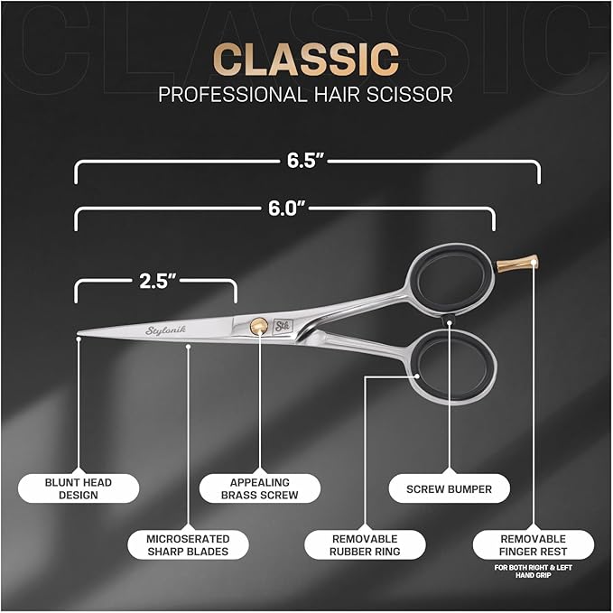 Stylonik Hair Cutting Scissors-Professional Hairdressing Scissors for Women,Men,Hair Stylists,Salon,Barber- 6.5-Inch Stainless Steel Hair Scissors with Finger Rest (Classic Scissor Shinny Polish)