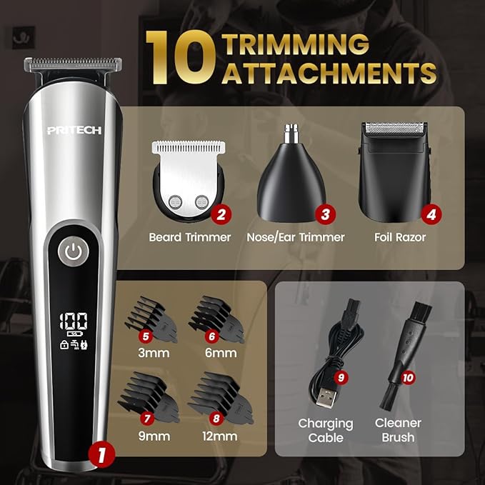 PRITECH Cordless Beard Trimmer for Men, 3-in-1 Grooming Kit, USB Charging
