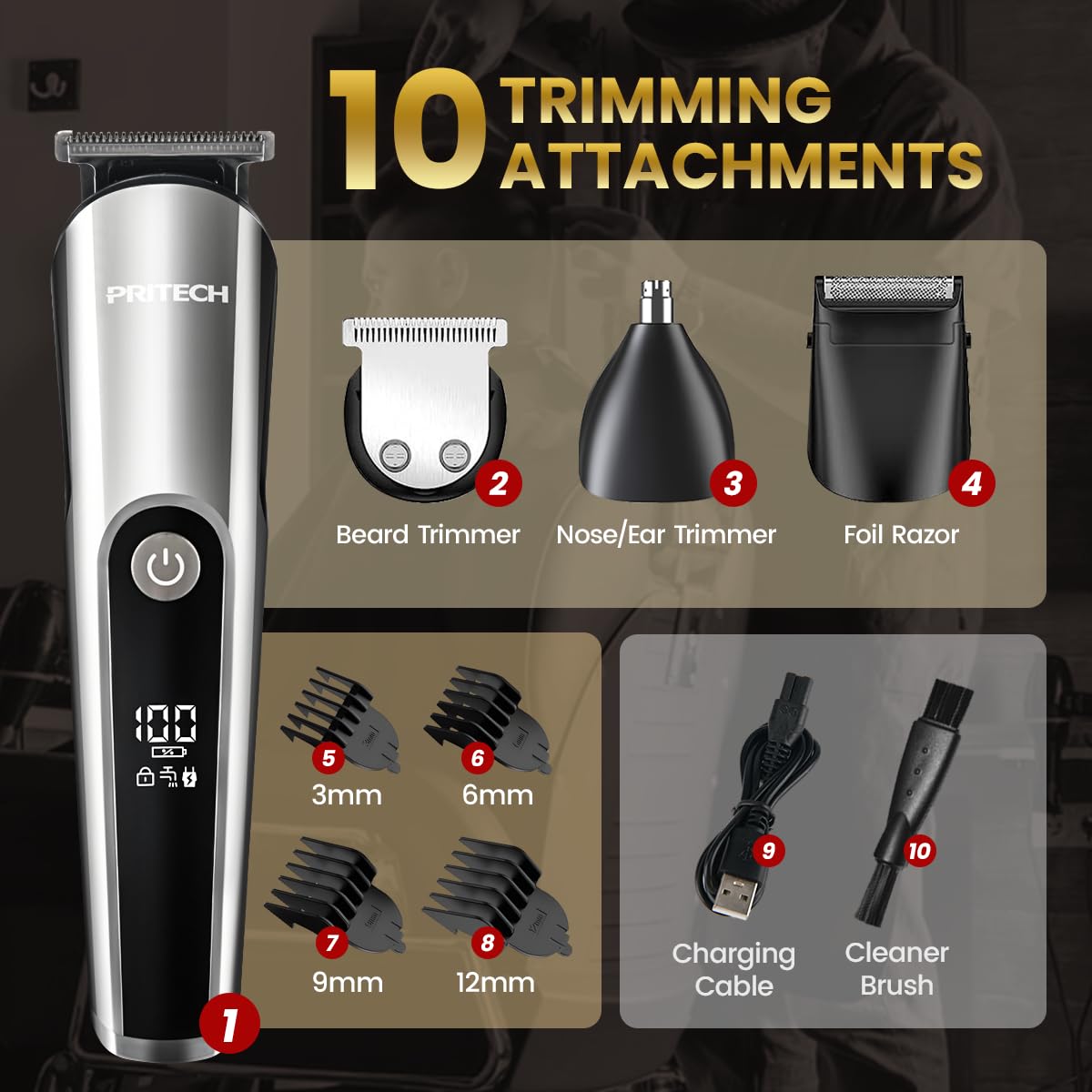 PRITECH Cordless Beard Trimmer for Men, 3-in-1 Grooming Kit, USB Charging