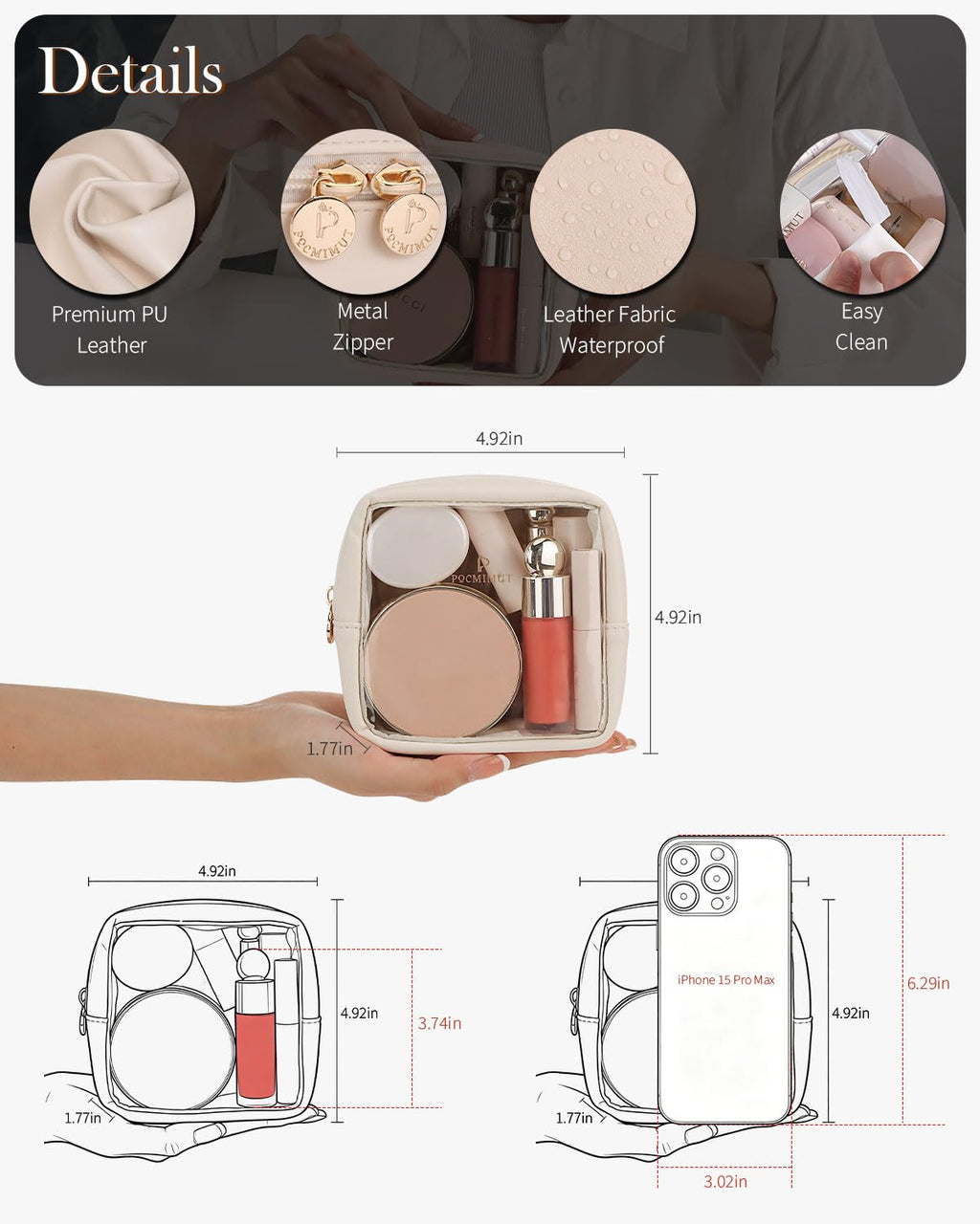 Pocmimut Clear Makeup Bag,Easy to Find Mini Makeup Bag for Purse,Travel Makeup Bag for Car, Compact Cosmetic Pouch for Daily Essentials,Beige