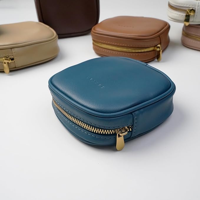 Benfan Leather Cosmetic Bag for Women Small Zipper Makeup Bag for Purse Waterproof Travel Makeup Organizer Charger Storage Pouch Color Blue