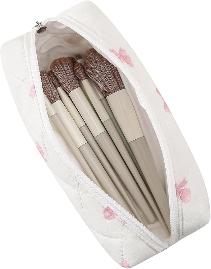 HHQQWZ Cute Floral Cotton Makeup Brush Cosmetic Bag for Women, Travel Quilted Zipper Make Up Bag, Flowers Toiletry Organizer Case Kawaii Makeup Cosmetic Travel Cloth Pouch (Pink Bow Tie+Blue Bow Tie)