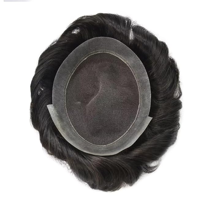 FACE MIRACLE Toupee for Men French Lace Hairpiece Human Hair Replacement System Skin PU Mens Toupee Hair Wigs for Man V-Looped Front Hair Prosthesis 6"X9" #1B10 1B# OFF BLACK WITH 10% SYNTHETIC GREY