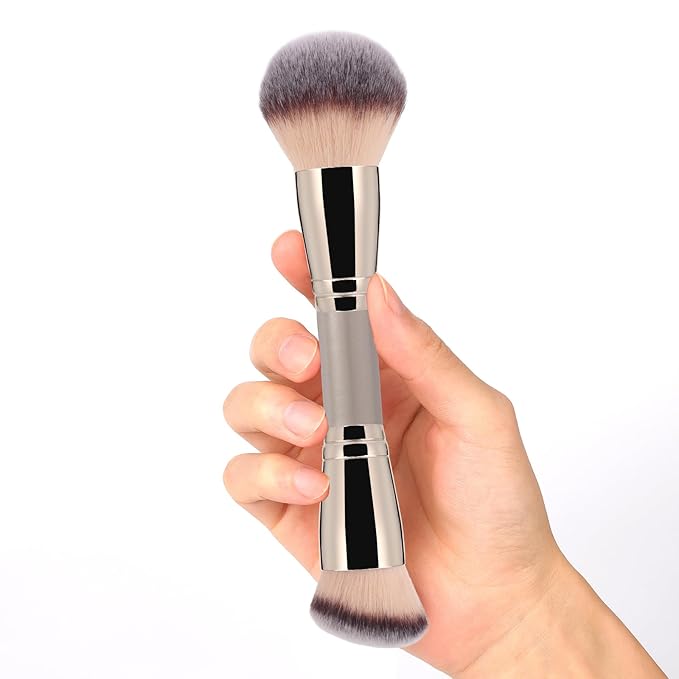 Dual-Ended Makeup Brush: Round & Angled Powder Brush, 100% Vegan Synthetic Blush Brush for Cheeks, Foundation Brush Flawless Blending and Application of Liquid, Powder, Cream, Blush