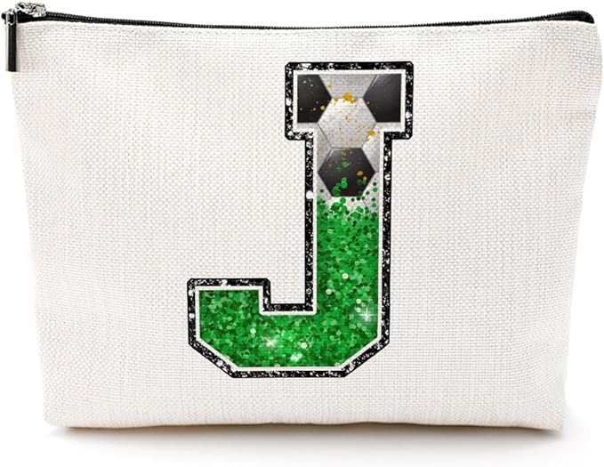 CQM Soccer Gifts Initial Makeup Bag Soccer Girl Gifts Cosmetic Bag Letter J