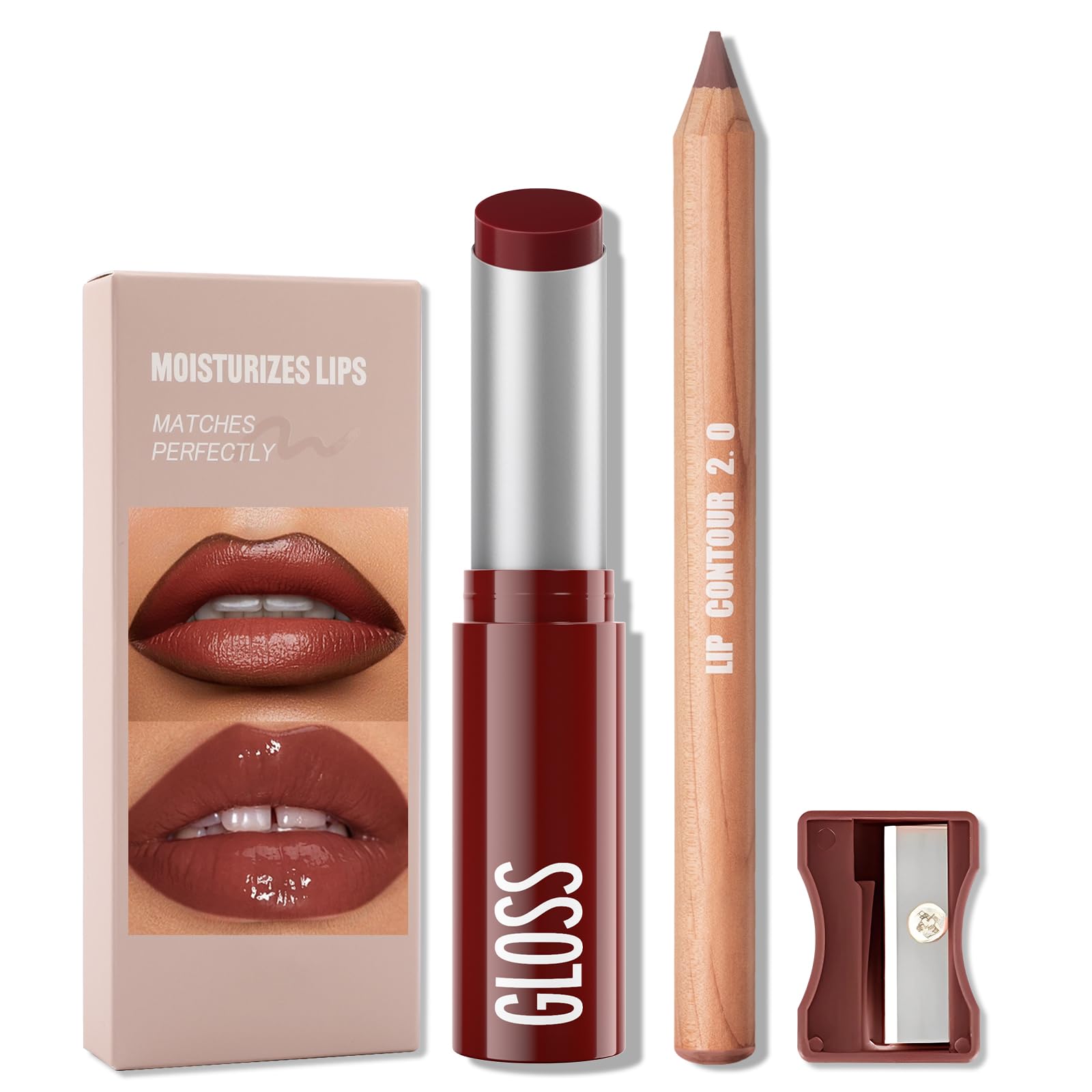 Erinde 2pcs Lip Liner and Lipstick Combo Set, Matte Lipliner Pencil & Hydrating Lip Gloss Makeup Kits for Women, Waterproof, Long Lasting, Highly Pigmented, Nude Brown Natural Lipstick, 04