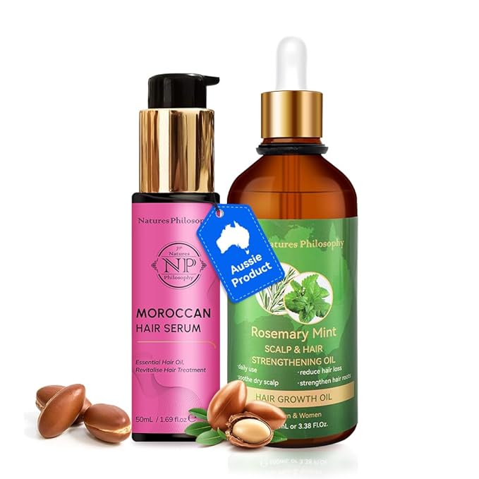 NP NATURES PHILOSOPHY Moroccan Argan Oil & Rosemary Hair Growth Oil Set, Hair Serum, Anti-Frizz, Anti-Hair Loss, Adds Shine, Quickly Absorbed & Non-Greasy, Aussie Hair Products for Men & Women