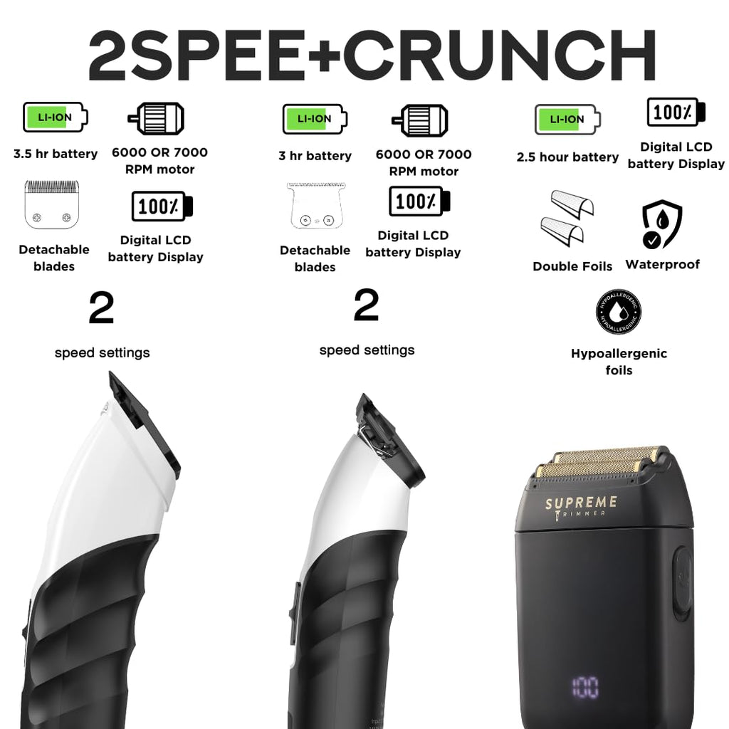Supreme Trimmer 3-in-1 Barber Bundle | 2Spee Clipper, 2Spee Trimmer & Crunch Foil Shaver | Professional Beard Trimmer Men’s Hair Clipper Kit | White