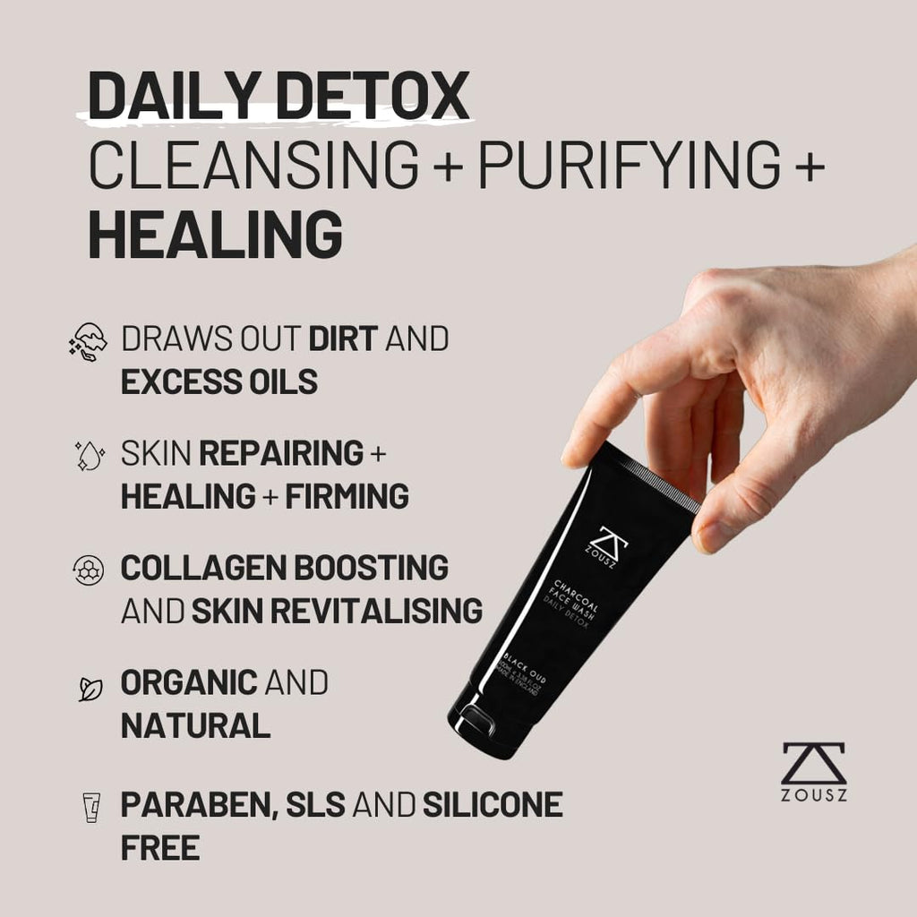ZOUSZ Black Oud Charcoal Face Wash for Men – Daily Detox Activated Charcoal Face Cleanser – Premium Mens Skincare – Refreshing Face Wash Gift for Men, 100ml