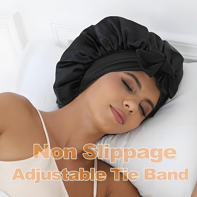 GDTOGRT Satin Silk Bonnet for Sleeping Women, Double Layer Sleep Hair Bonnets Caps for Curly Natural Hair with Tie Band - Black