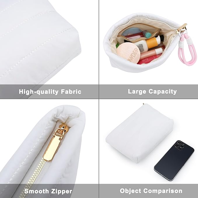 DOB SECHS Quilted Makeup Bag with Handle Detachable Cute Striped Puffy Cotton Cosmetic Bag for Women, Small Puffer Toiletry Zipper Make Up Pouch Clutch Bag Travel Organizer Storage Pouches Case, White
