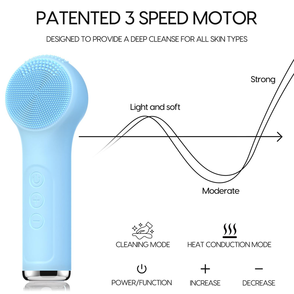 Silicone Facial Cleansing Brush, Portable Electric Face Scrubber with Heat and Vibration, 3 Modes Adjustable, Waterproof IPX6, USB-C Rechargeable, Deep Cleansing, Exfoliating and Massage