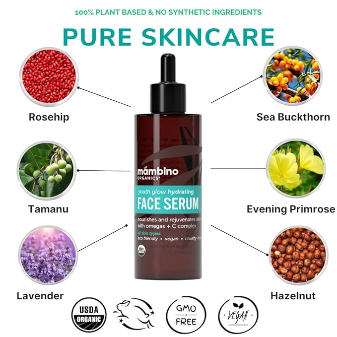 Mambino Organics Youth Glow Hydrating Serum, Vitamin C Face Serum with Marula, Rosehip Oil, Revitalizing Skin, Fades Dark Spots, Smooths Texture, Organic, Vegan, Skin Care, 1 fl oz