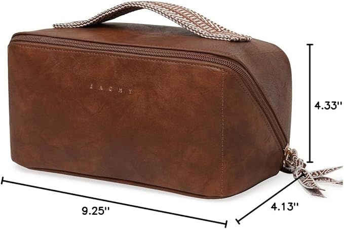 EACHY Travel Makeup Bag, Large Capacity Cosmetic Bags for Women, Waterproof Portable Open Flat Toiletry Bag Make up Bag with Divider and Handle, Gifts for Women (I-Brown, Medium)