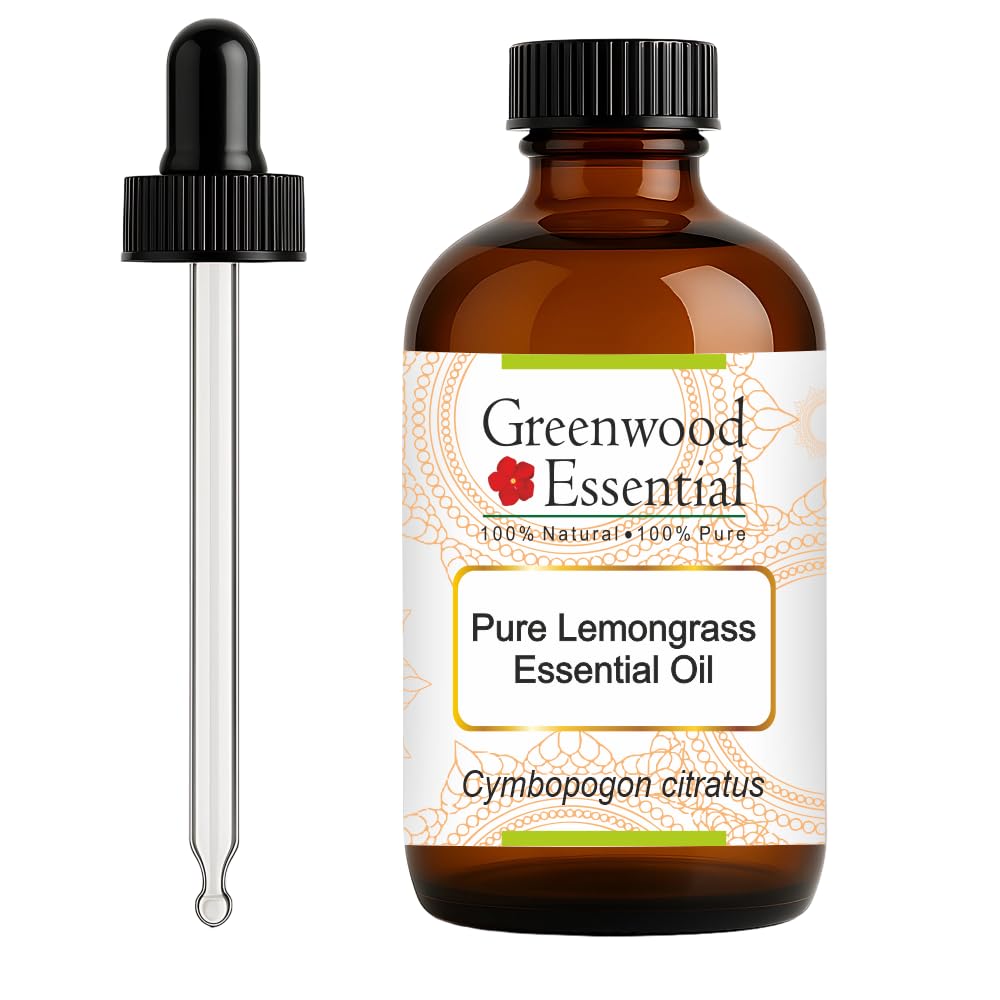 Greenwood Essential Lemongrass Essential Oil (Cymbopogon citratus) with Glass Dropper | Pure | Non-Sticky | Non-Greasy | Lightweight | Men & Women | All Skin Types | Steam Distilled 120ml (4 oz)